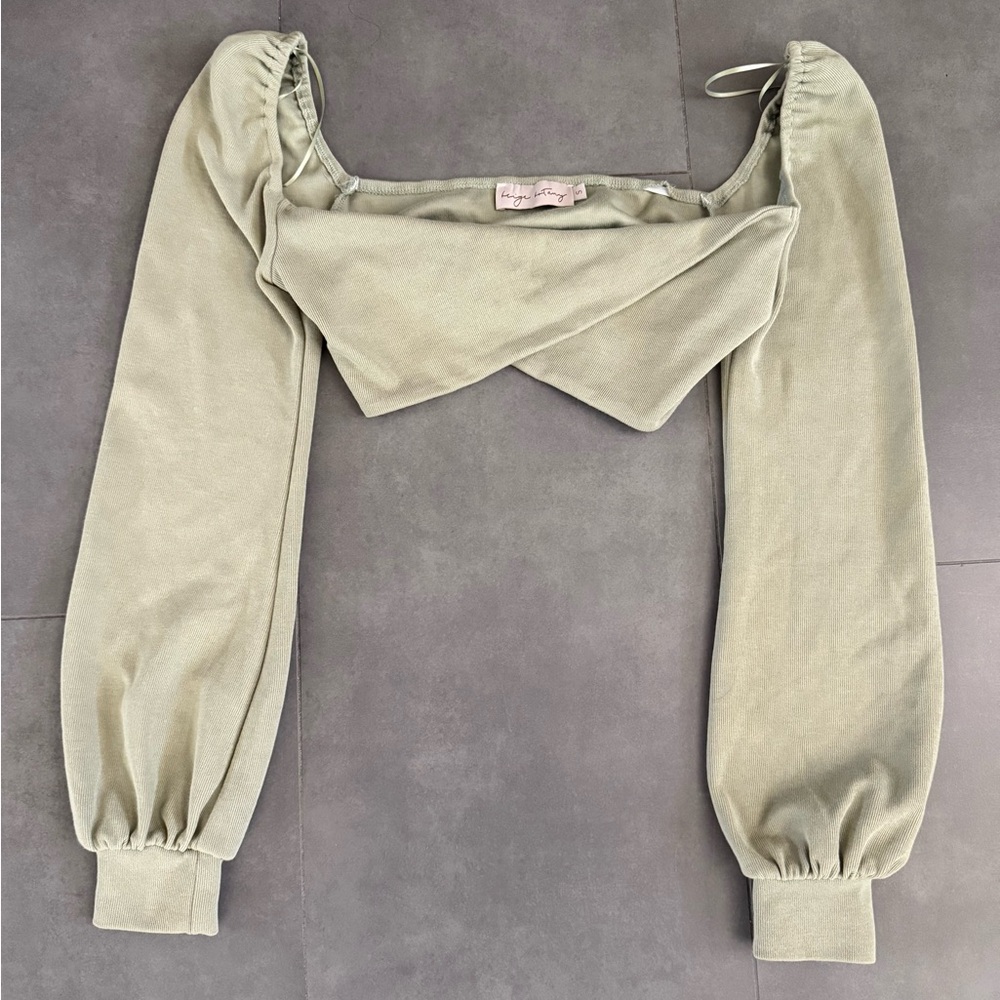 Elegant Womens Cross Front Cropped Pullover Sweater, long sleeve  S Sage Green